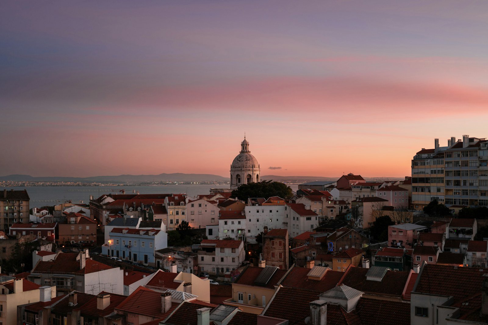 Lisbon rooftops overlooking the Tagus River at sunset